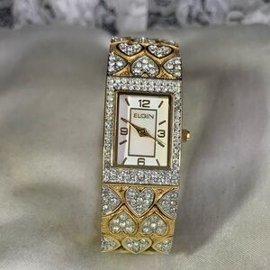 Elgin Women's Gold-Tone Heart Crystal Bracelet Watch - Gold & White